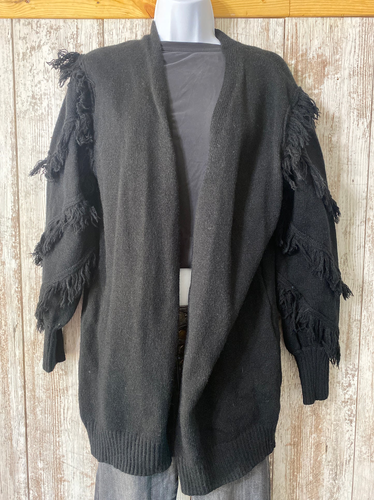 Heavy Black Fringe Sweater Cardigan Large tag #55